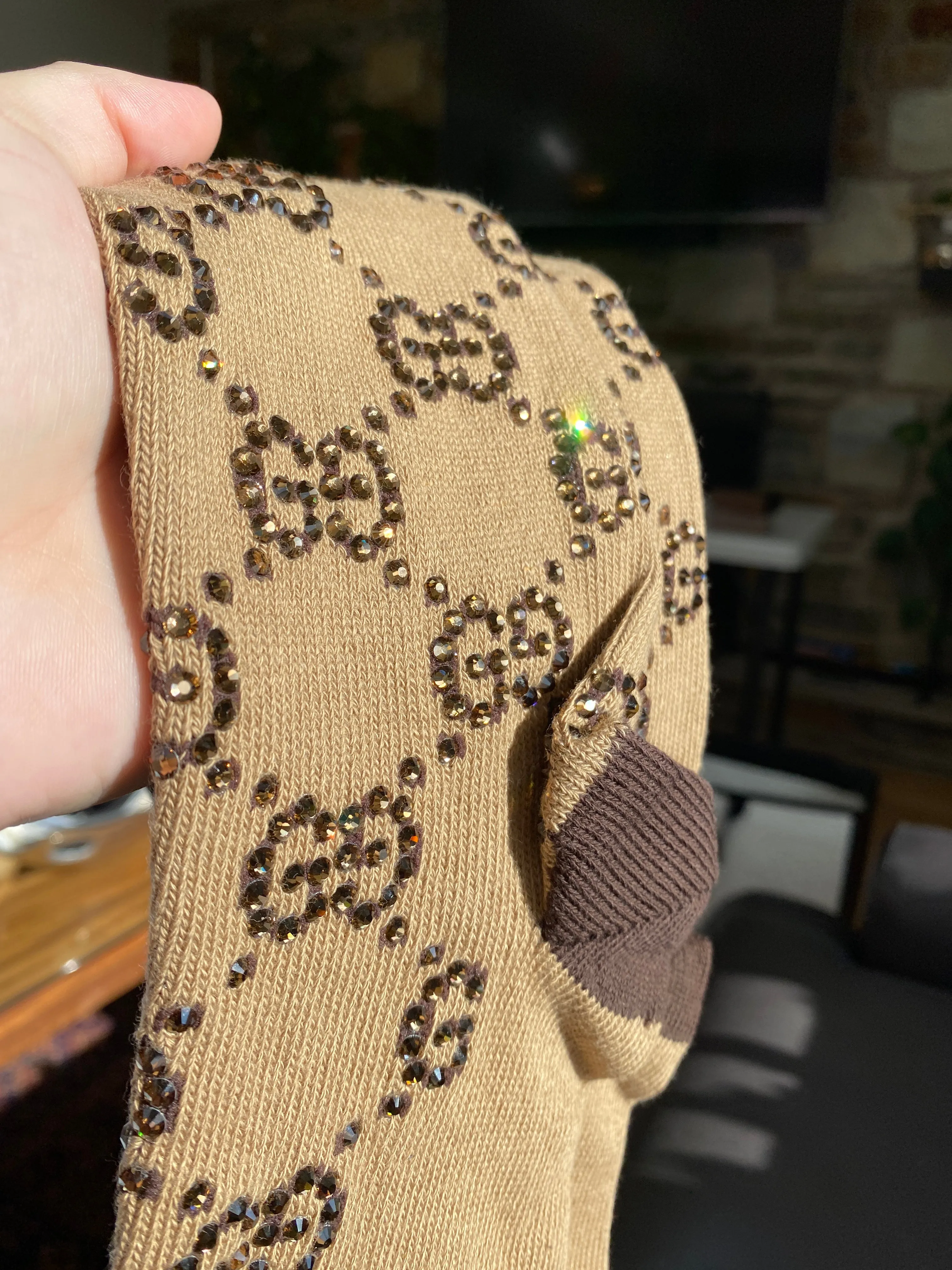Gucci Crystal Embellished Socks in Beige