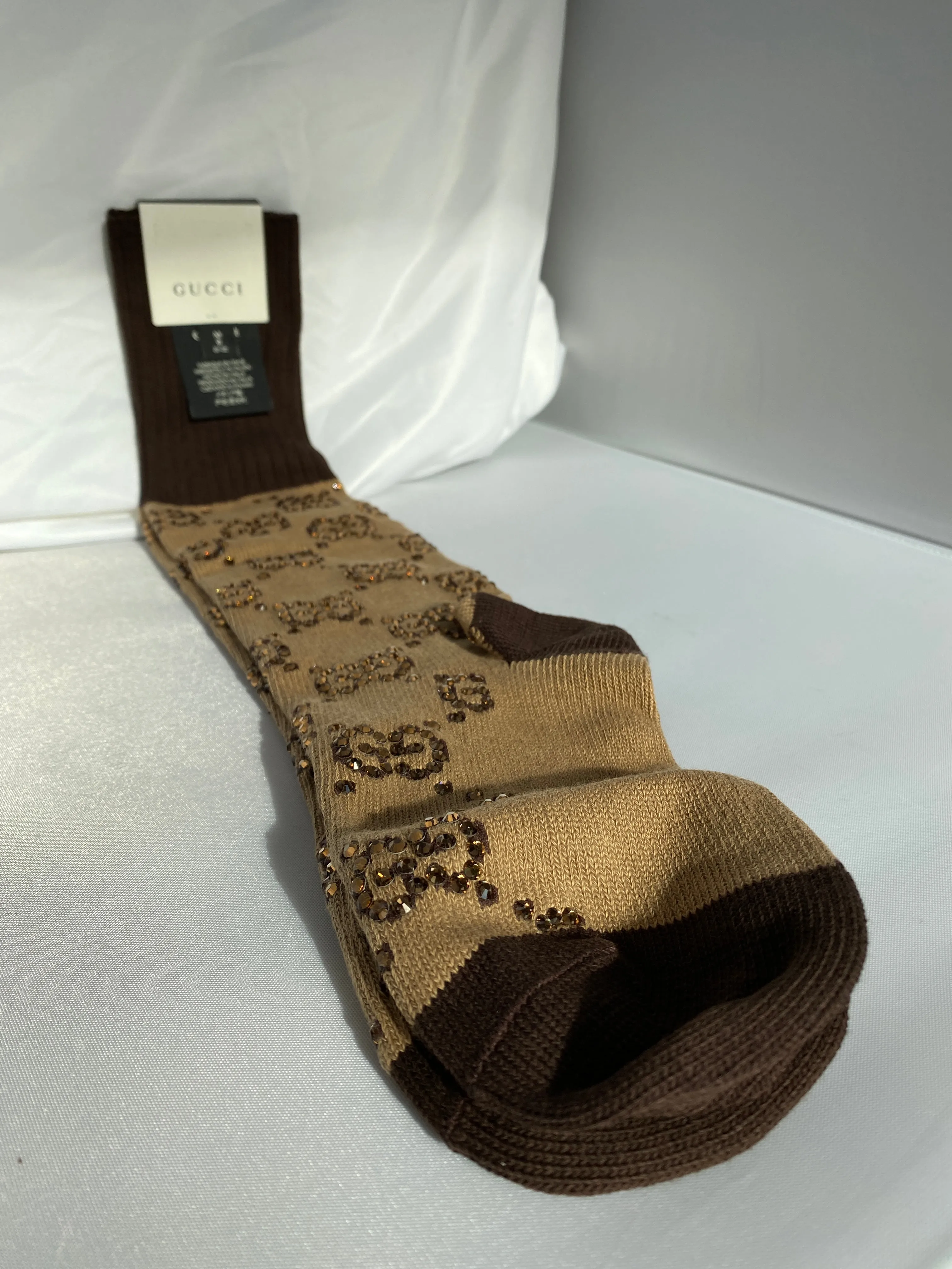 Gucci Crystal Embellished Socks in Beige