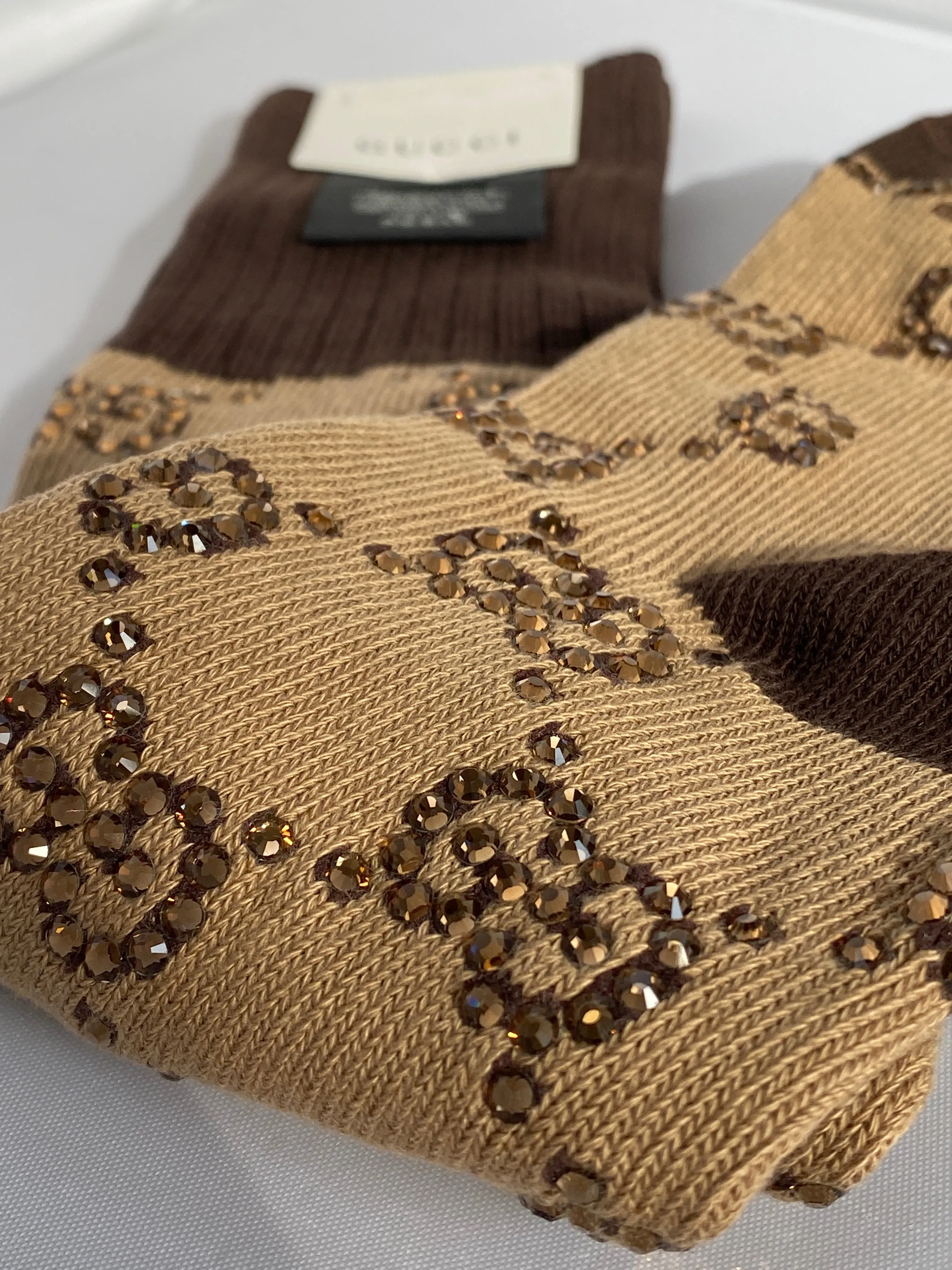Gucci Crystal Embellished Socks in Beige