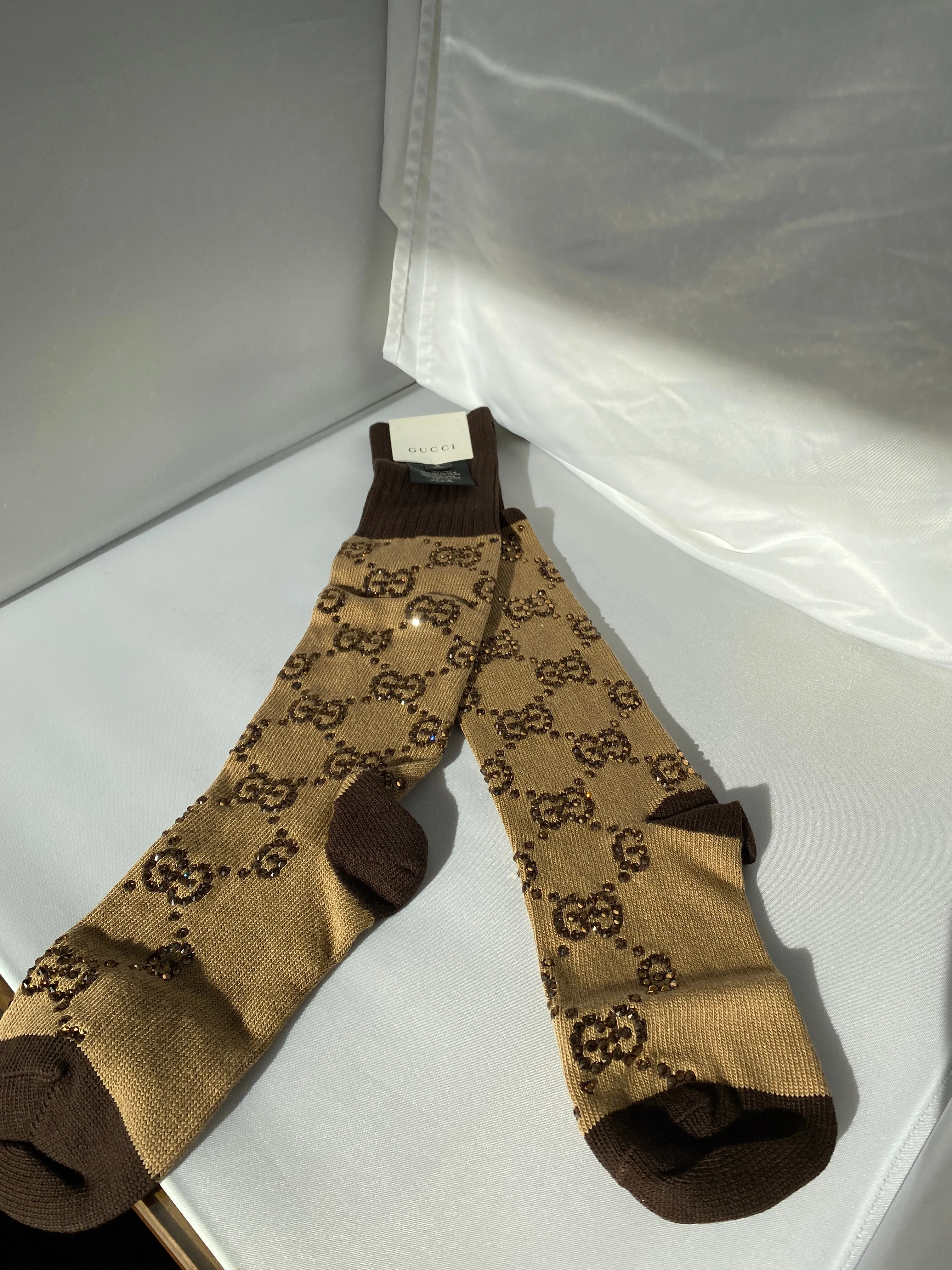 Gucci Crystal Embellished Socks in Beige