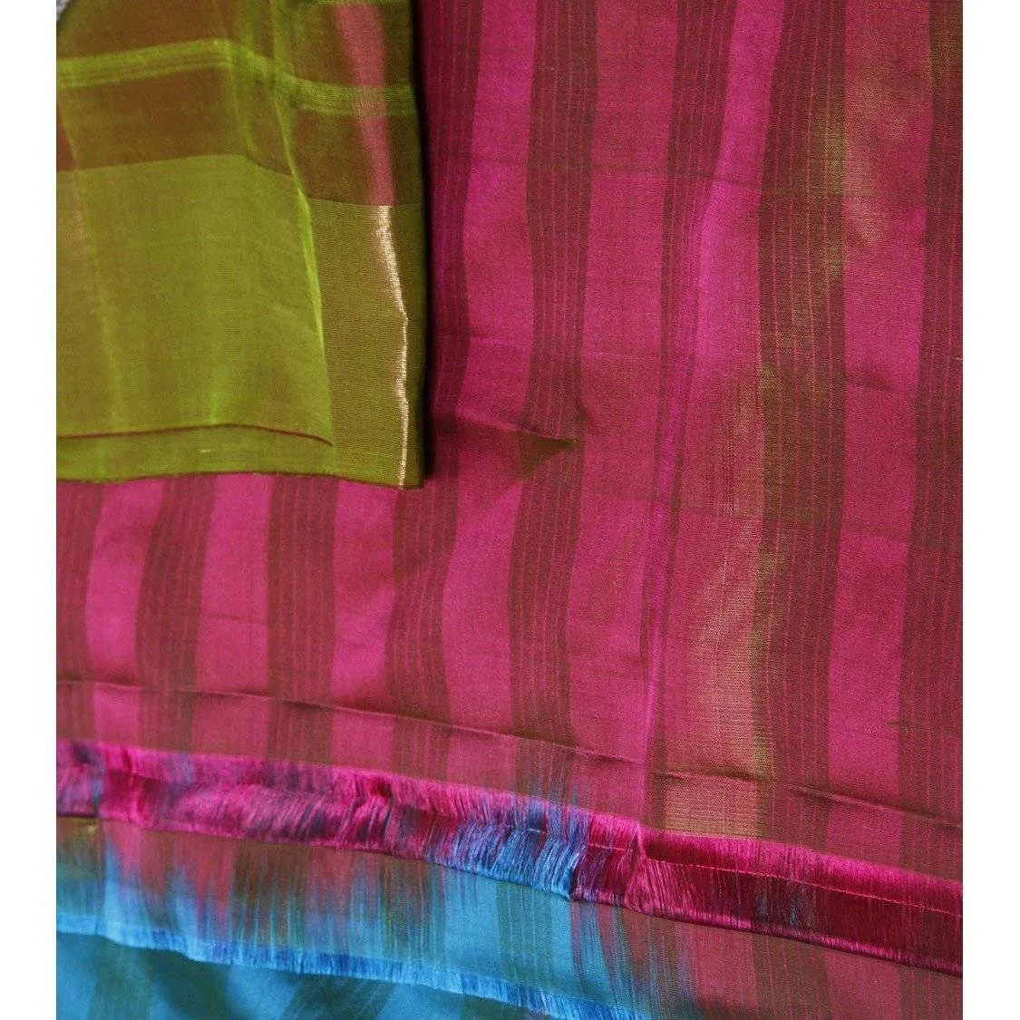 Handwoven Green and Blue Kora Silk Saree
