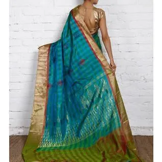 Handwoven Green and Blue Kora Silk Saree