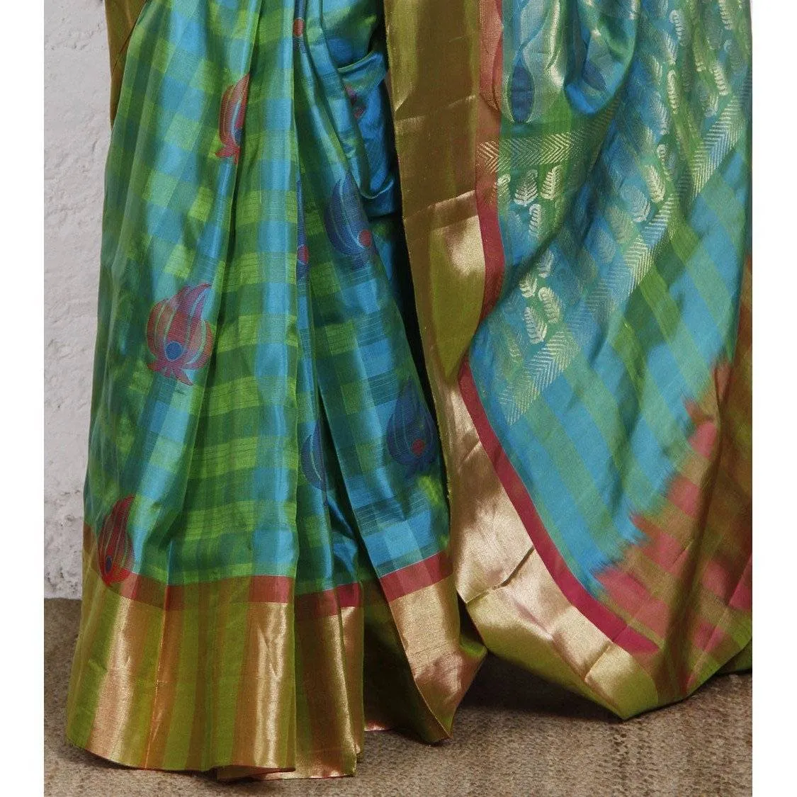 Handwoven Green and Blue Kora Silk Saree