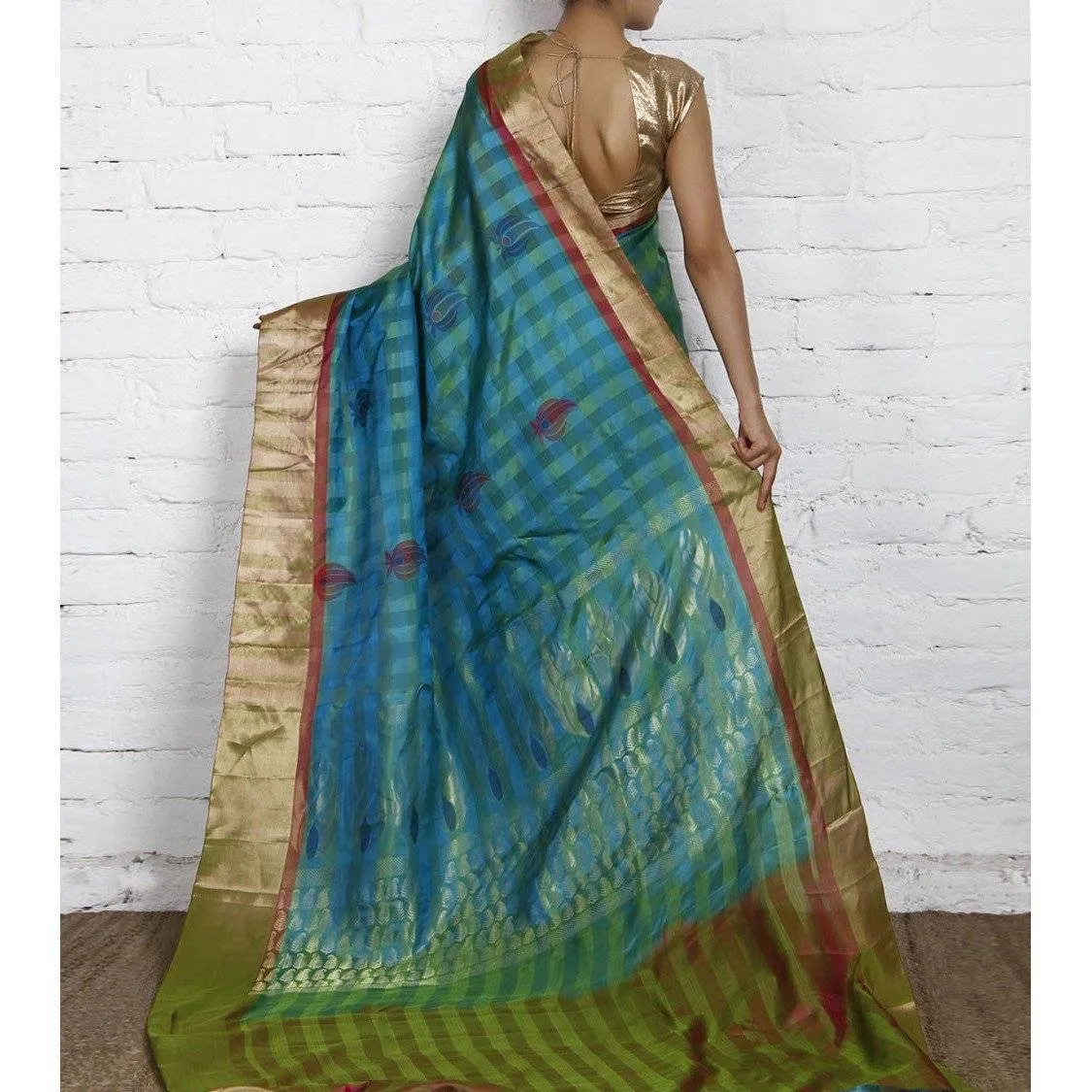 Handwoven Green and Blue Kora Silk Saree