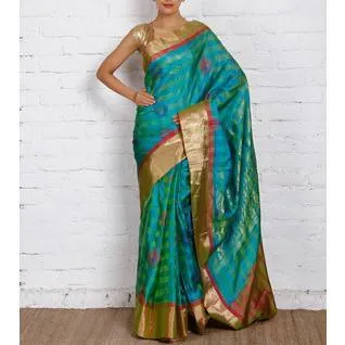 Handwoven Green and Blue Kora Silk Saree