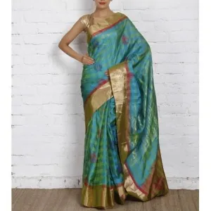 Handwoven Green and Blue Kora Silk Saree