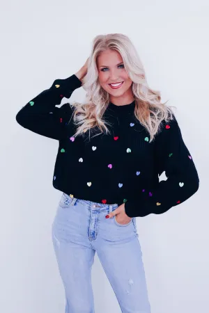 Heart To Heart Sequin Adorned Sweater - Black