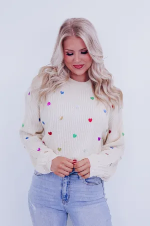 Heart To Heart Sequin Adorned Sweater - Ivory