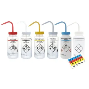 Heathrow Scientific 120247 Wash Bottles Color-Coded, Wide Mouth, 500 mL, Clear/Yellow