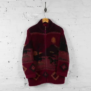 Horses 90s Patterned Fleece Jacket - Red - M