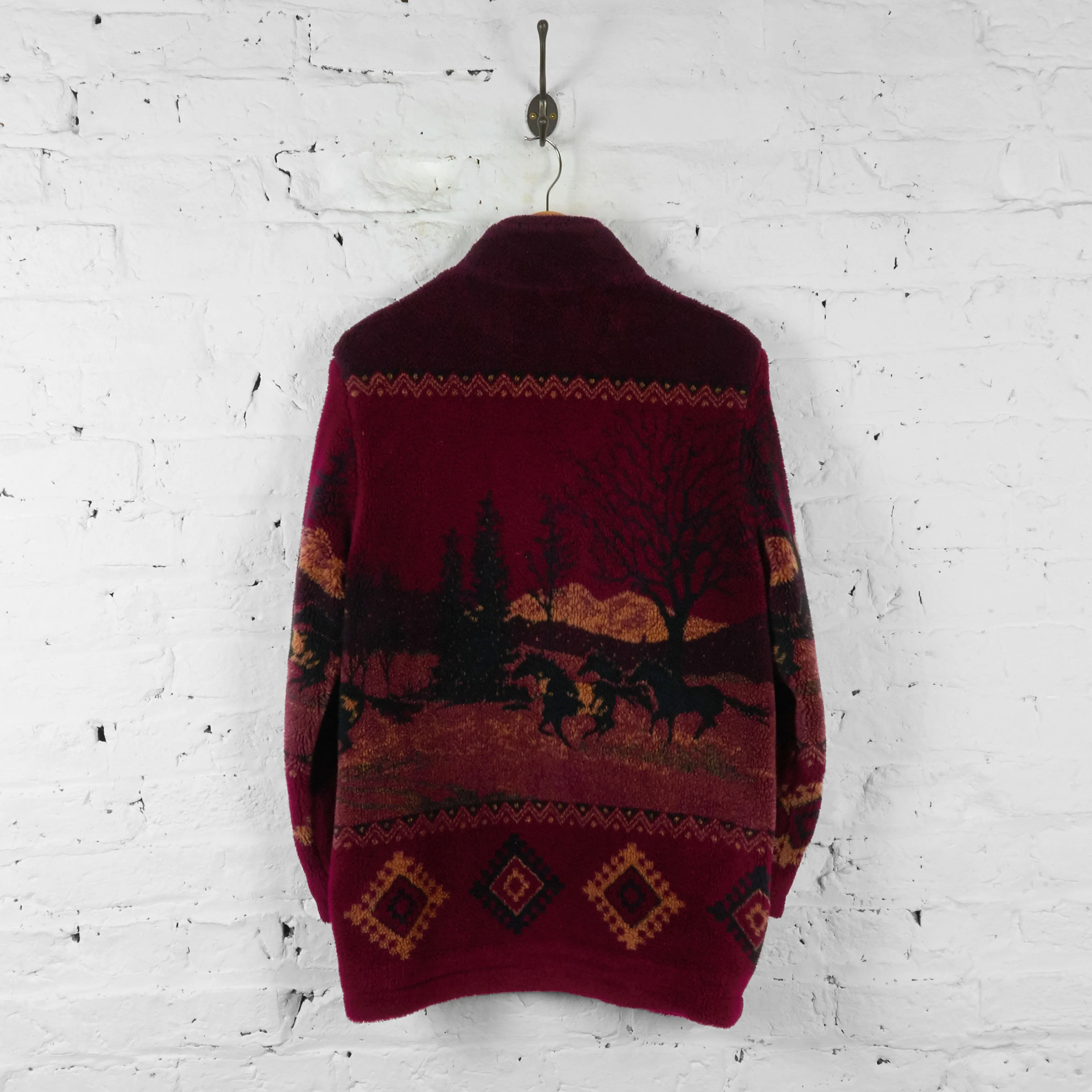 Horses 90s Patterned Fleece Jacket - Red - M