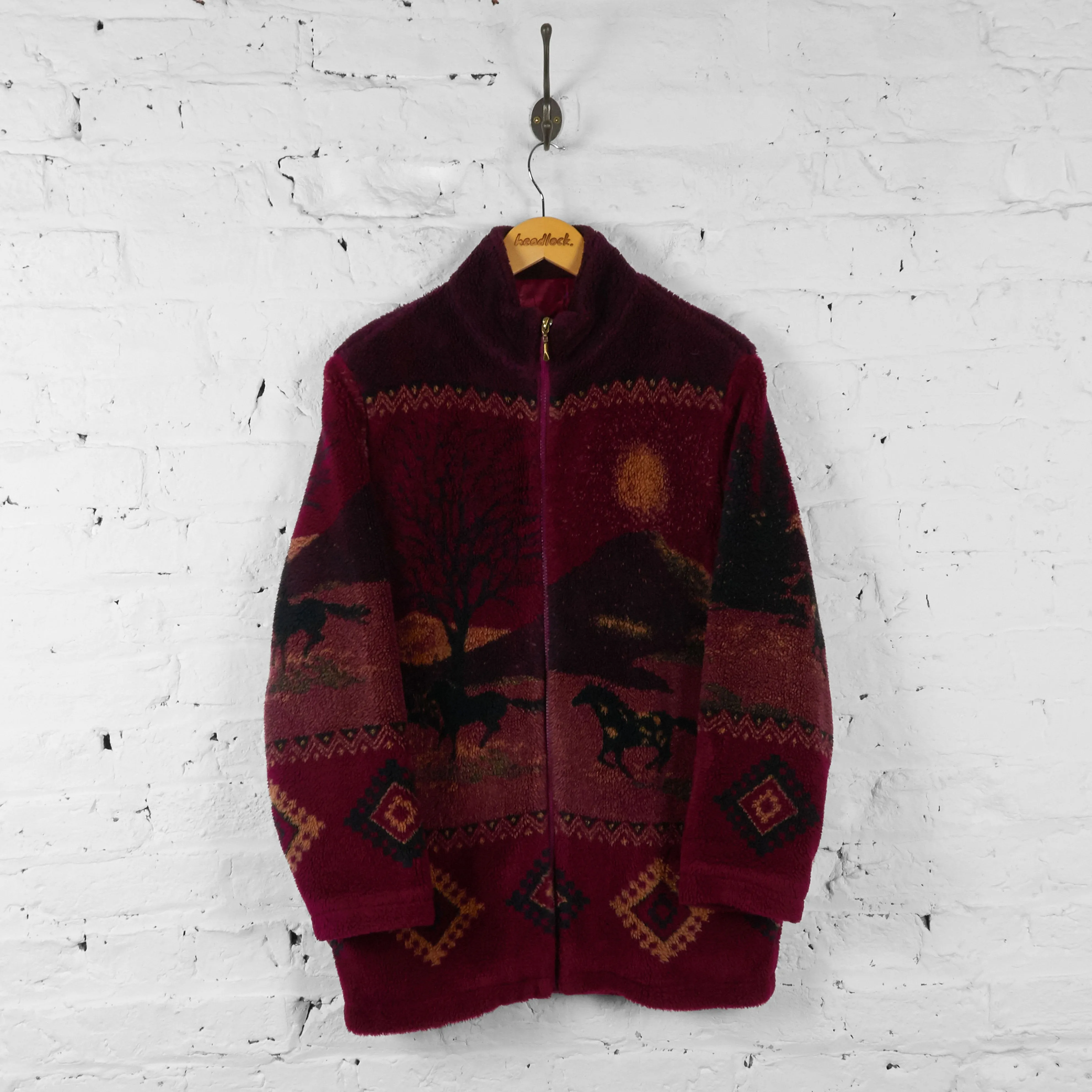 Horses 90s Patterned Fleece Jacket - Red - M