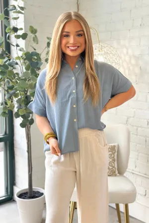 Ice Blue Solid Short Sleeve Button Up Top