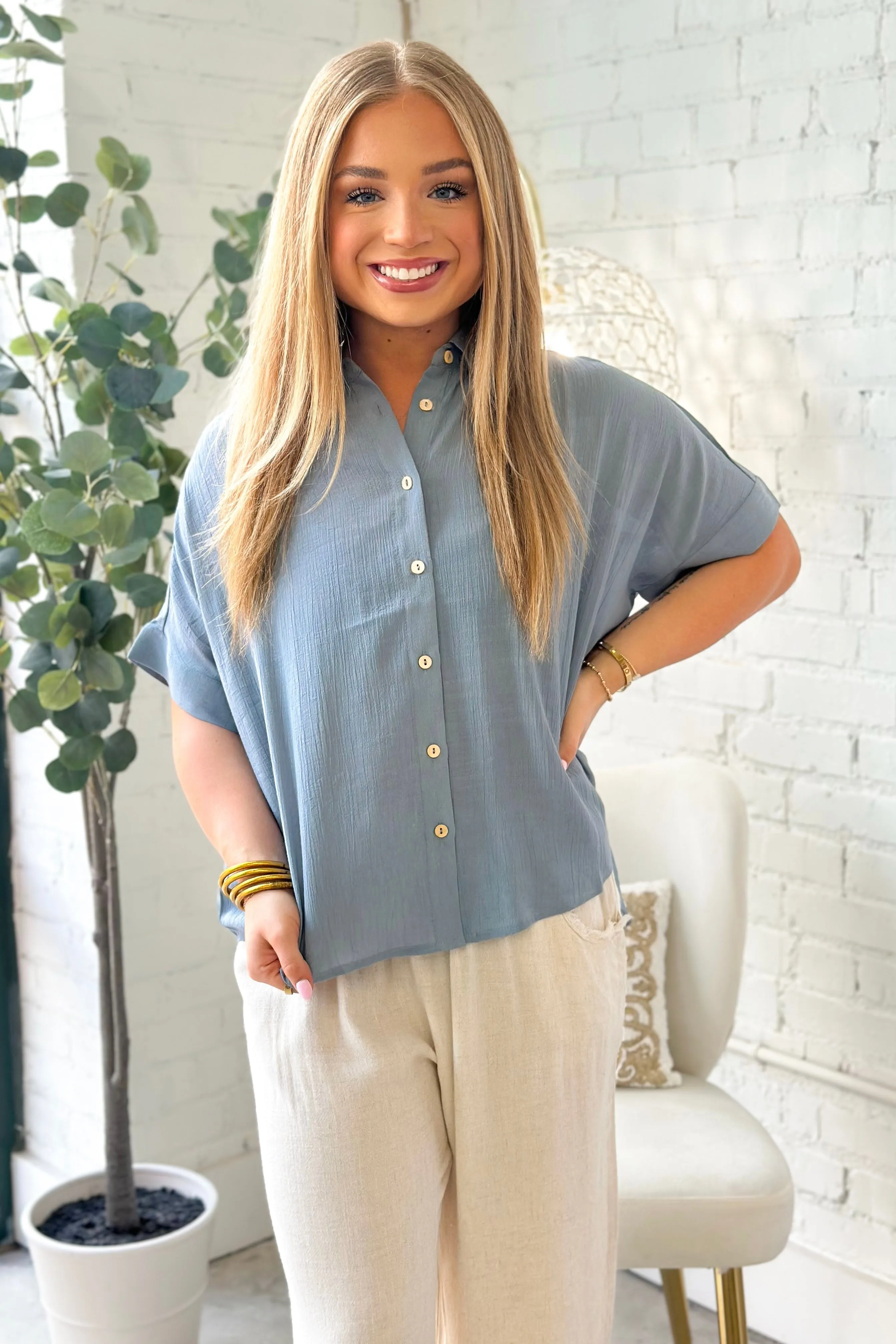 Ice Blue Solid Short Sleeve Button Up Top