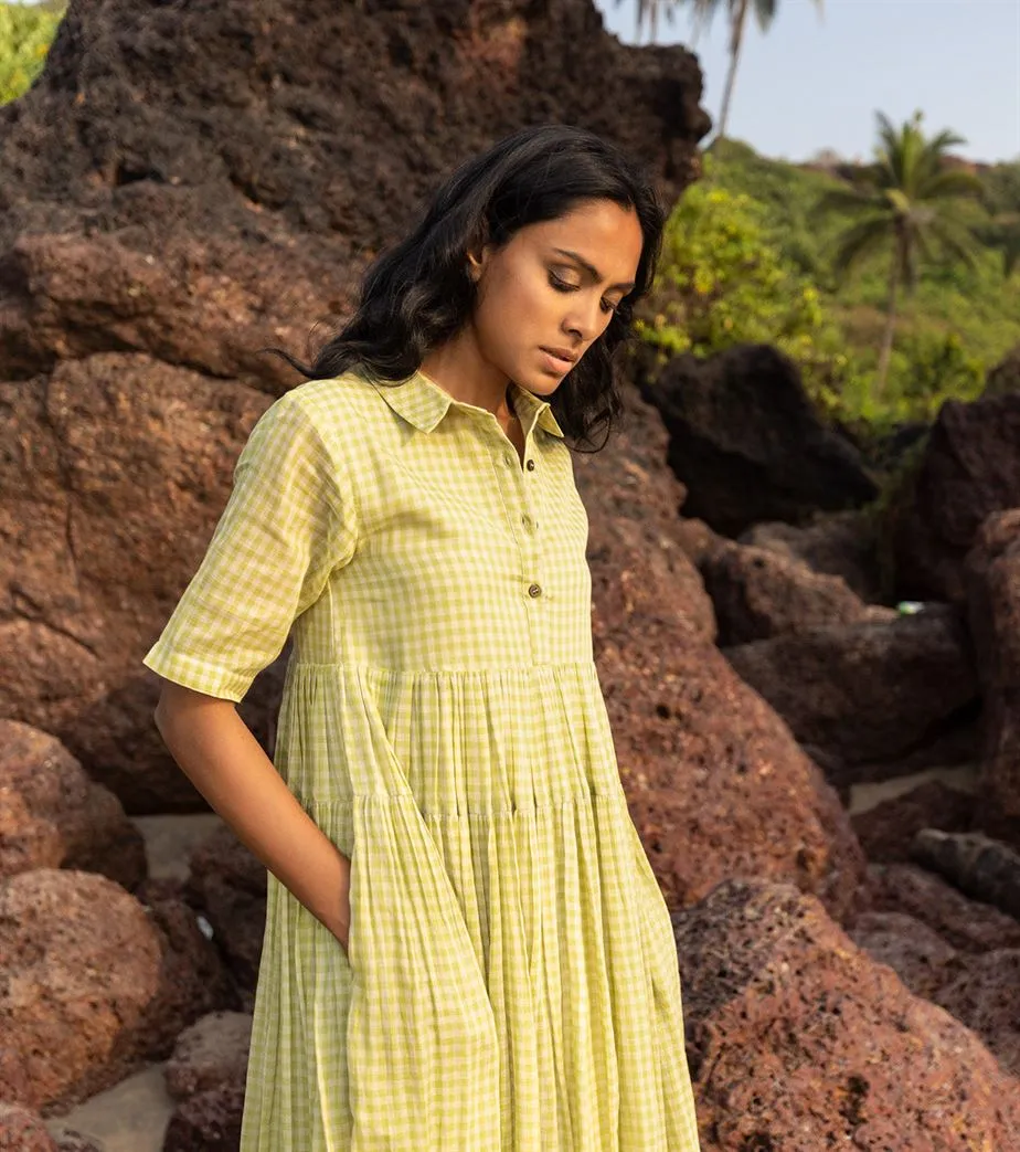 Khara Kapas I  Oh carol I Cotton Check forest Dress Lime green KK-24-37