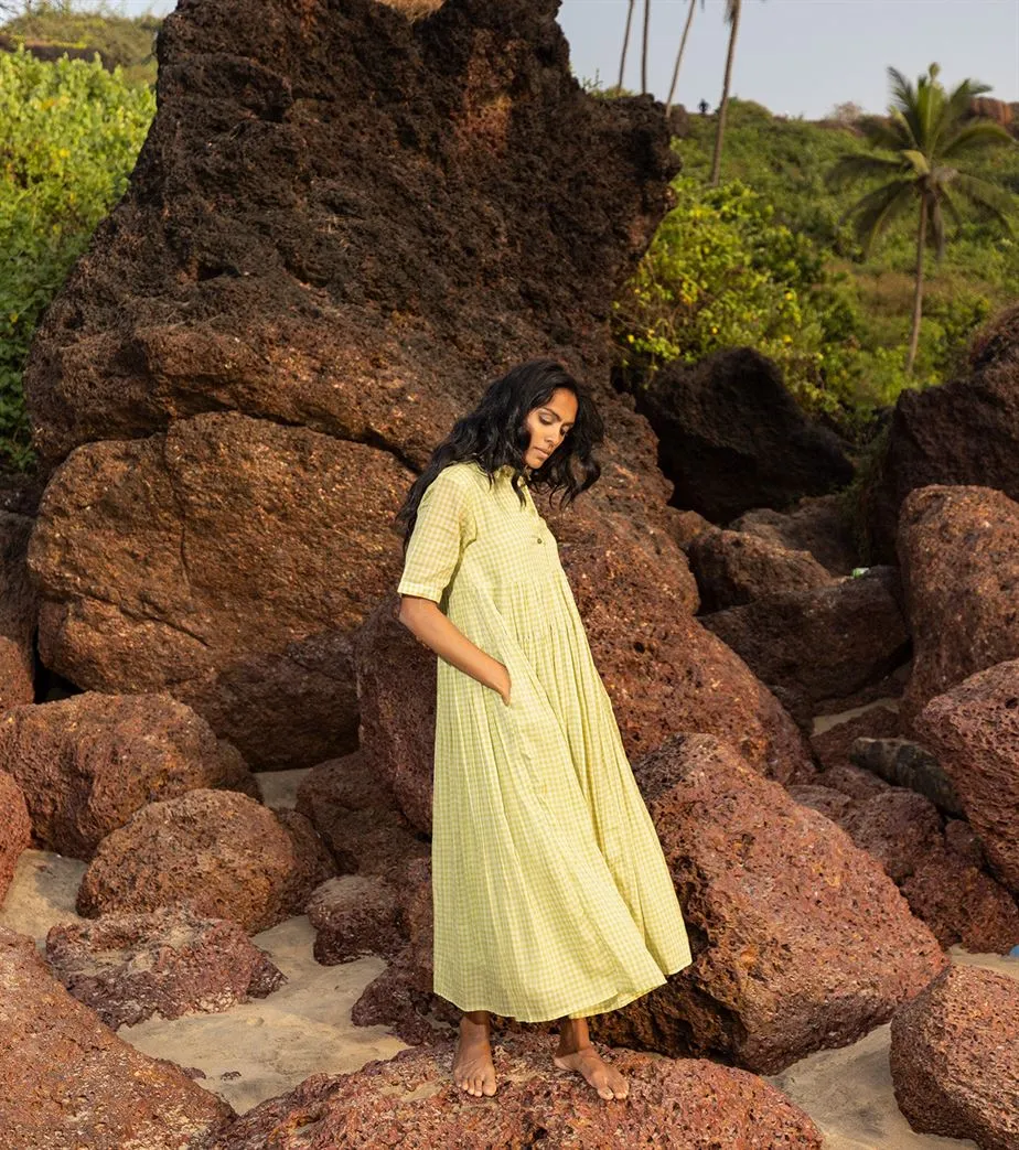 Khara Kapas I  Oh carol I Cotton Check forest Dress Lime green KK-24-37
