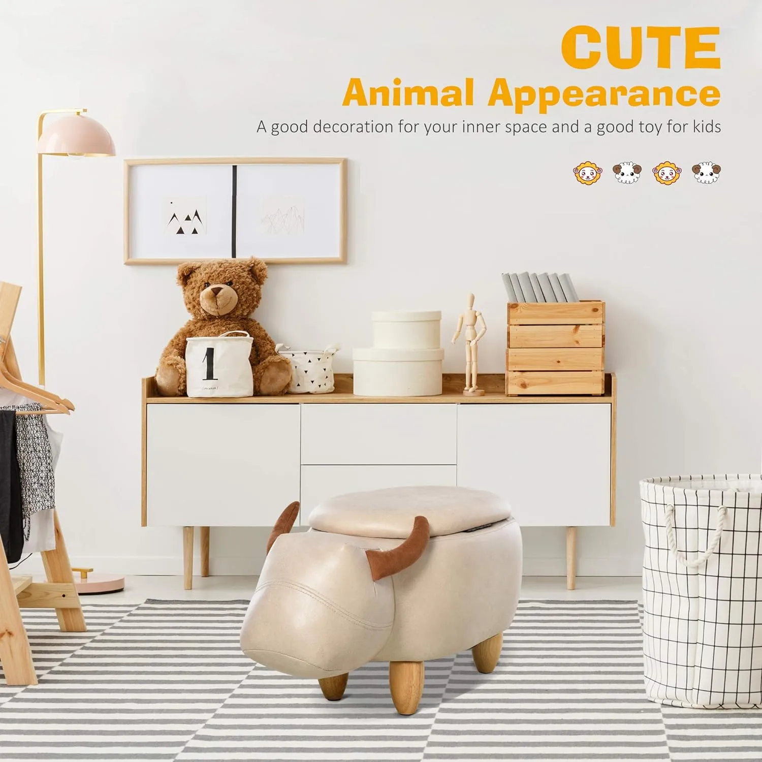 Kids 4-in-1 Stool, Storage Box, Footrest & Seat | Toy Box | Cute Bison Animal Design