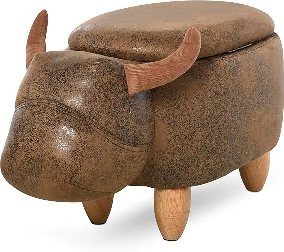 Kids 4-in-1 Stool, Storage Box, Footrest & Seat | Toy Box | Cute Bison Animal Design