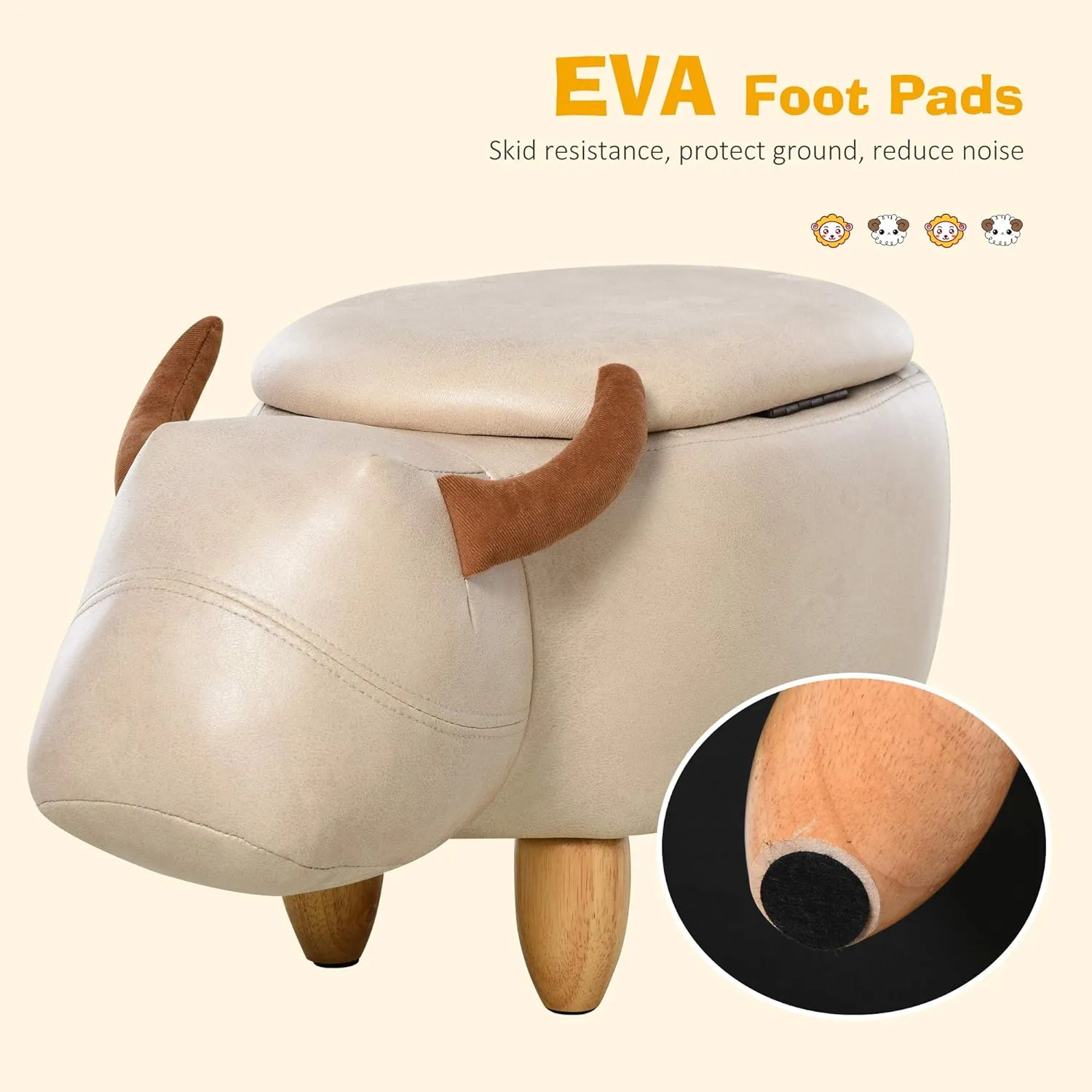 Kids 4-in-1 Stool, Storage Box, Footrest & Seat | Toy Box | Cute Bison Animal Design