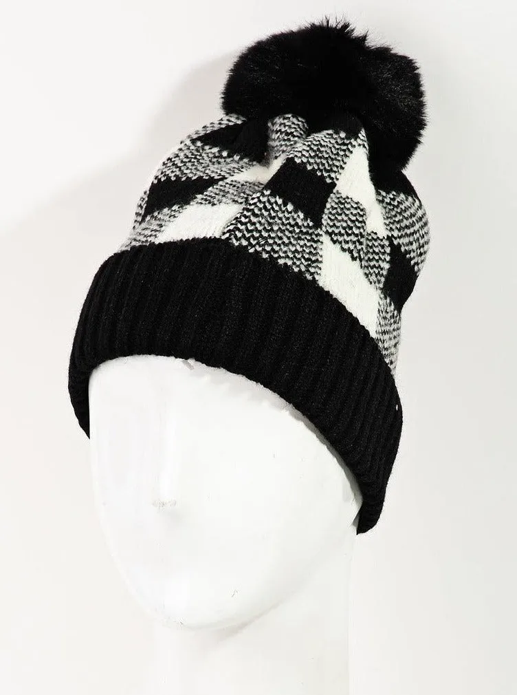 Knitted Pom Checkered Beanie