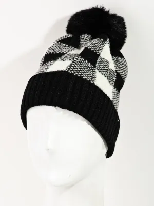 Knitted Pom Checkered Beanie
