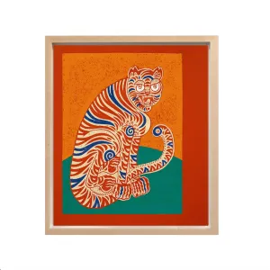 Kour Pour, Coy Tiger (Gold & Teal), 2022; Hand-Embellished, Signed, and Numbered Limited Edition Print