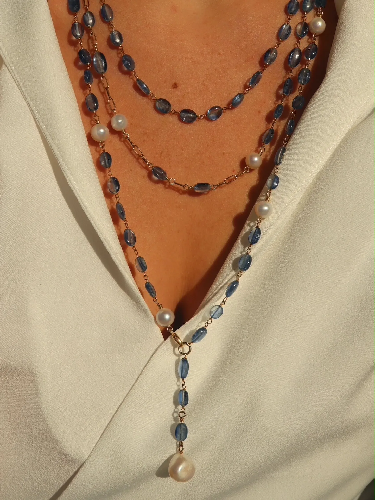 Kyanite & Pearl Charm Layering Necklace