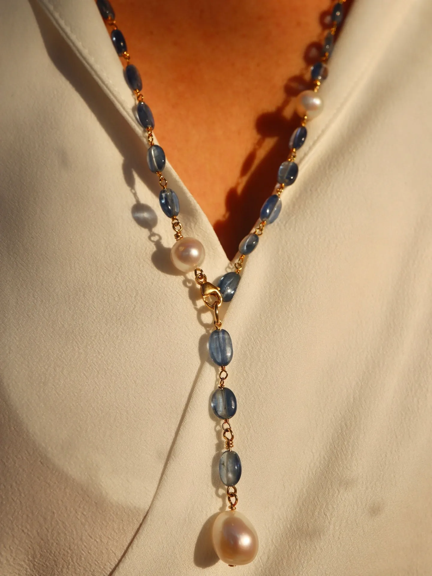 Kyanite & Pearl Charm Layering Necklace