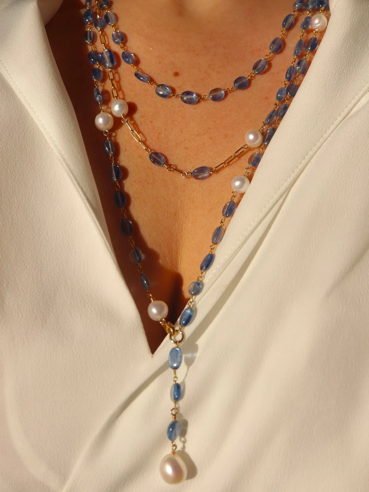 Kyanite & Pearl Charm Layering Necklace