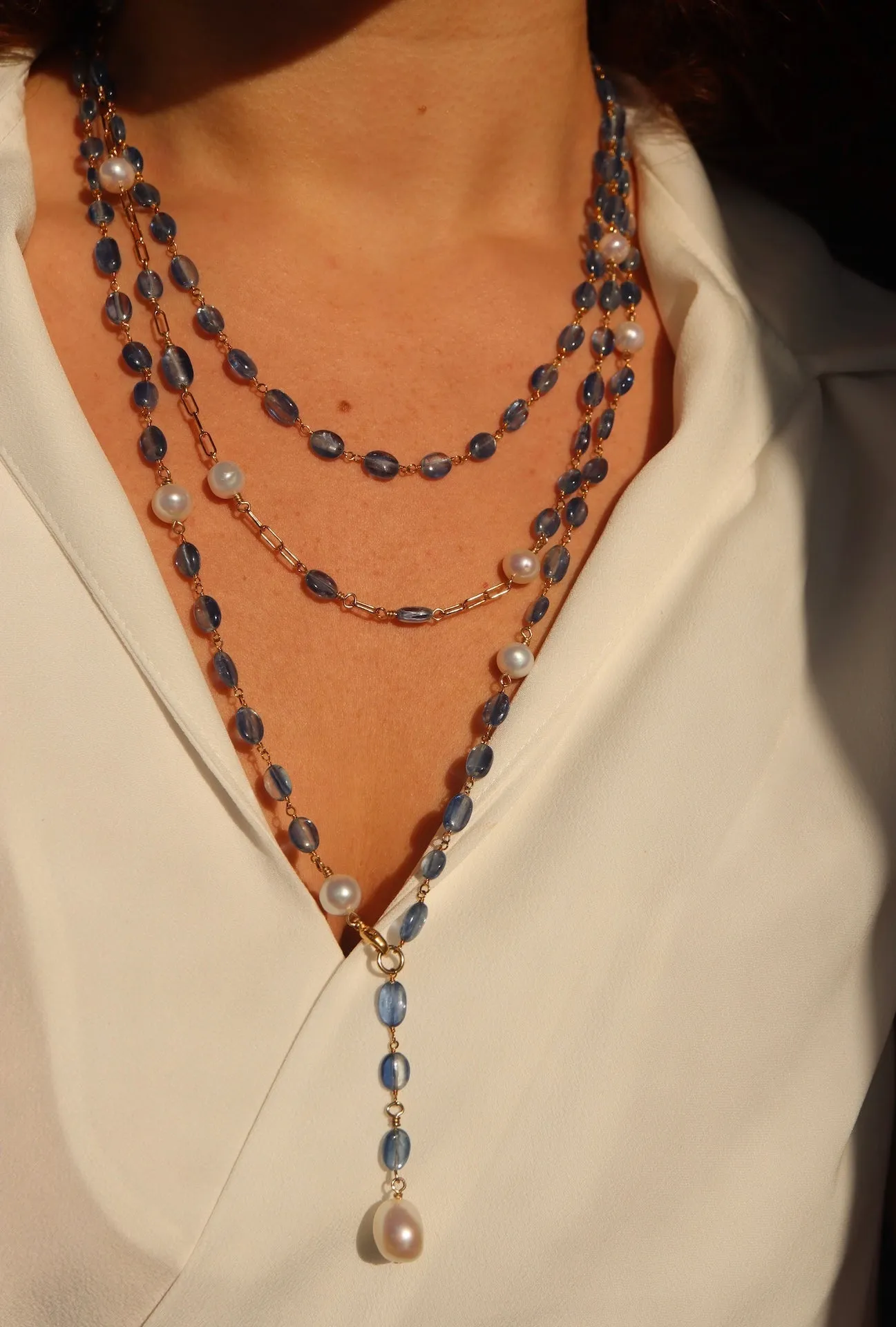 Kyanite & Pearl Charm Layering Necklace