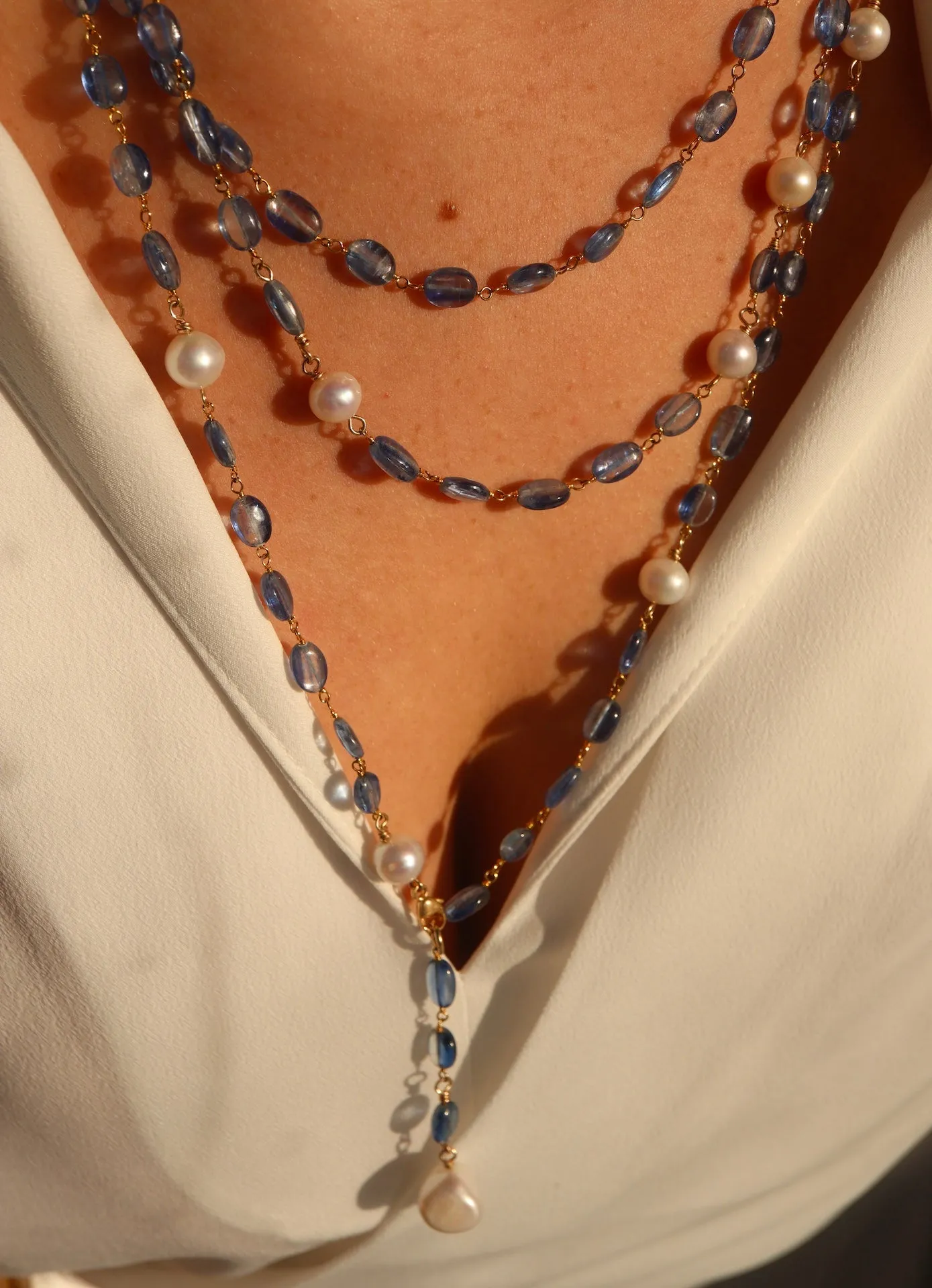 Kyanite & Pearl Charm Layering Necklace