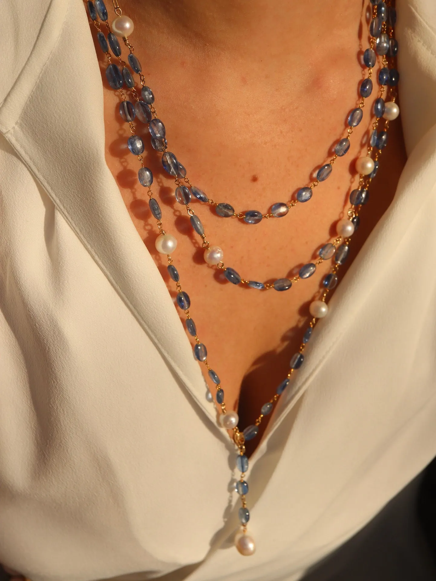 Kyanite & Pearl Charm Layering Necklace