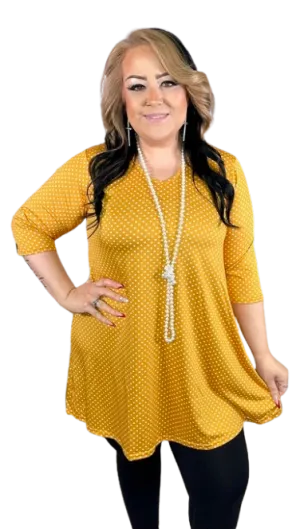 L, XL, 2X, 3X  : Mustard Polka Dot Flutter Tunic