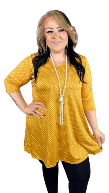 L, XL, 2X, 3X  : Mustard Polka Dot Flutter Tunic