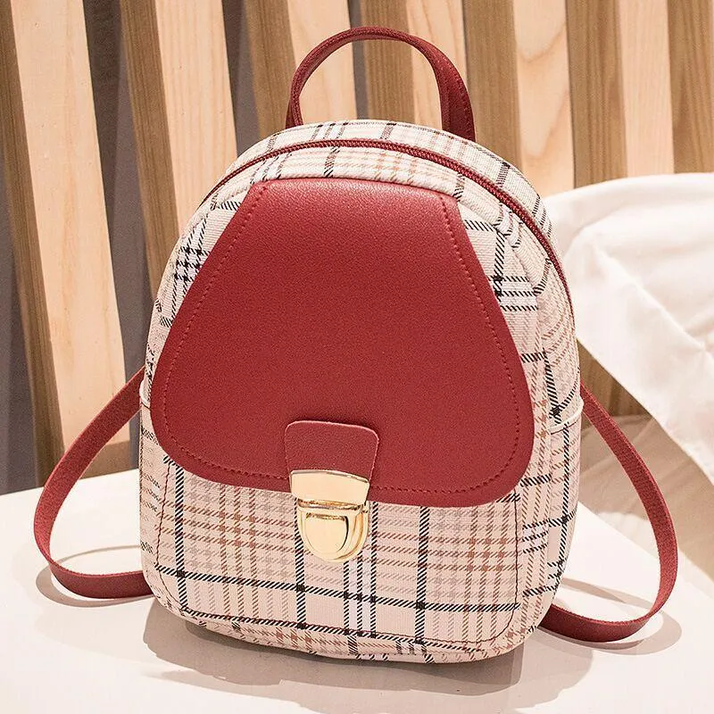 Ladies Check Lock Small Backpack – Trendy One Shoulder Diagonal Handbag with Coin Purse