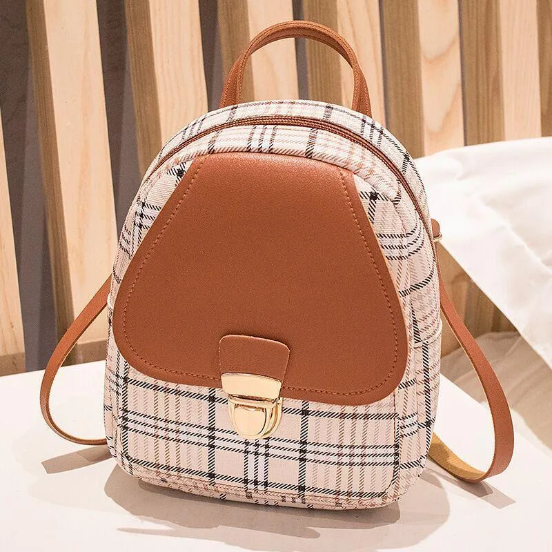 Ladies Check Lock Small Backpack – Trendy One Shoulder Diagonal Handbag with Coin Purse