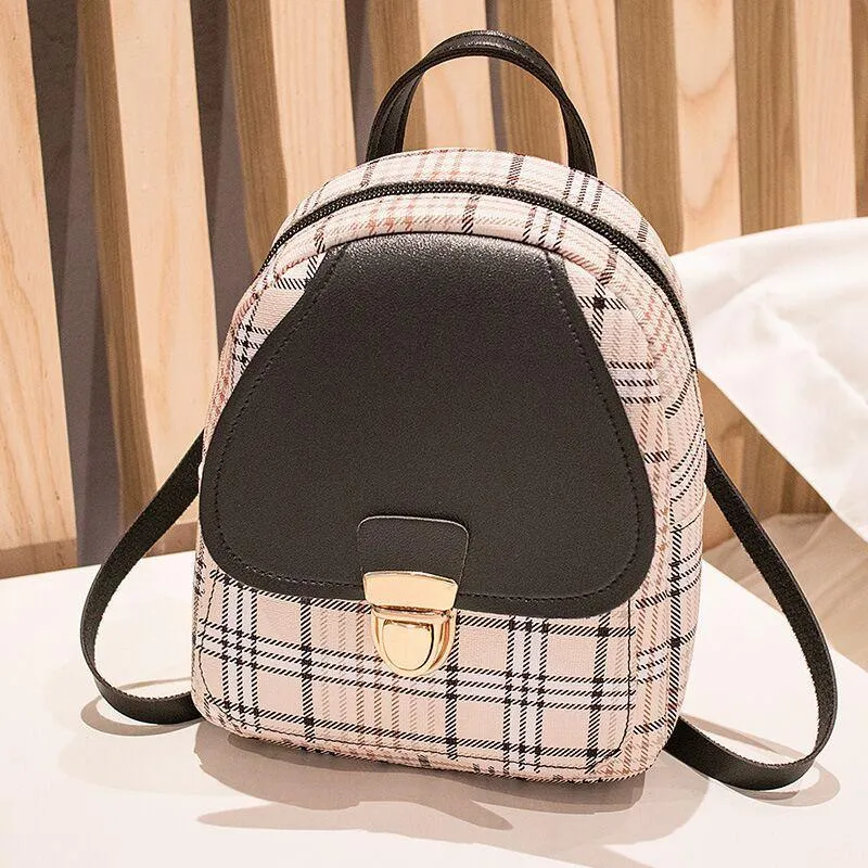Ladies Check Lock Small Backpack – Trendy One Shoulder Diagonal Handbag with Coin Purse