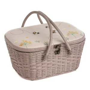 Large Sewing Box | Hobby Gift | Wicker Basket Appliqué Linen Bee