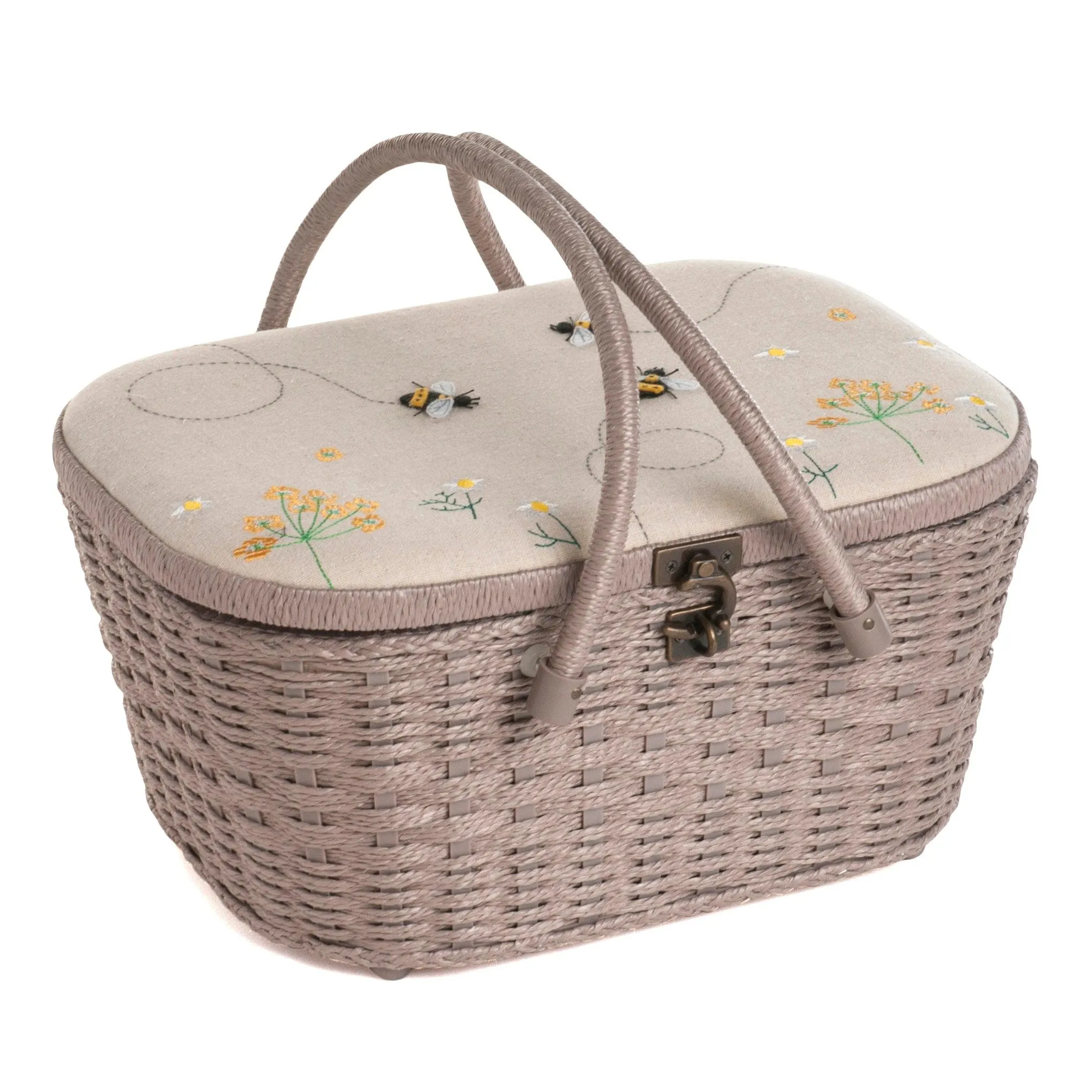 Large Sewing Box | Hobby Gift | Wicker Basket Appliqué Linen Bee