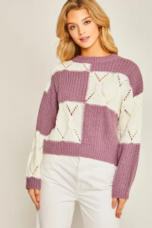 Lavender Diamond Cutout Checkered Sweater