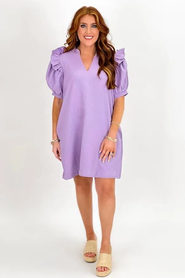 Lavender V-Neck Puff Sleeve Dress