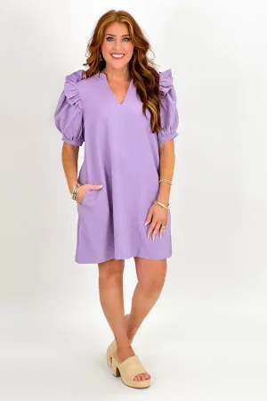 Lavender V-Neck Puff Sleeve Dress