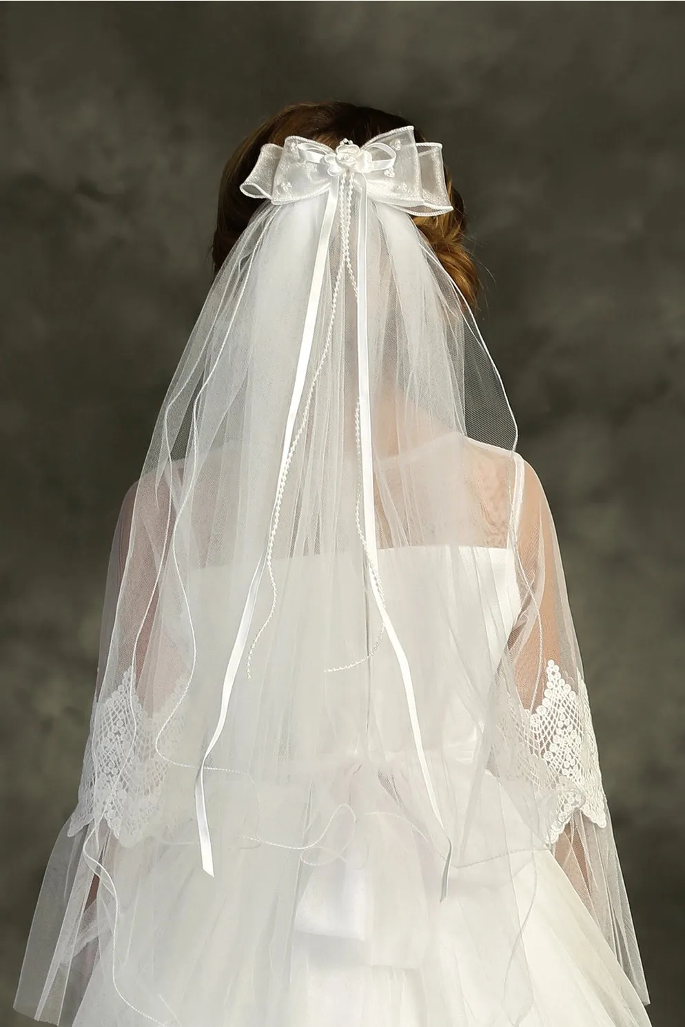 Layered Comb Veil Adorned with Bow and Pearls - Ivory
