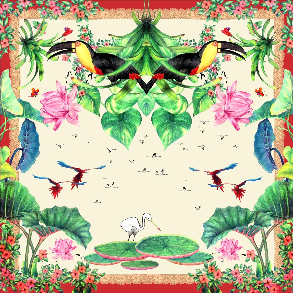 Lenço Aves em twill de seda | 90x90cm