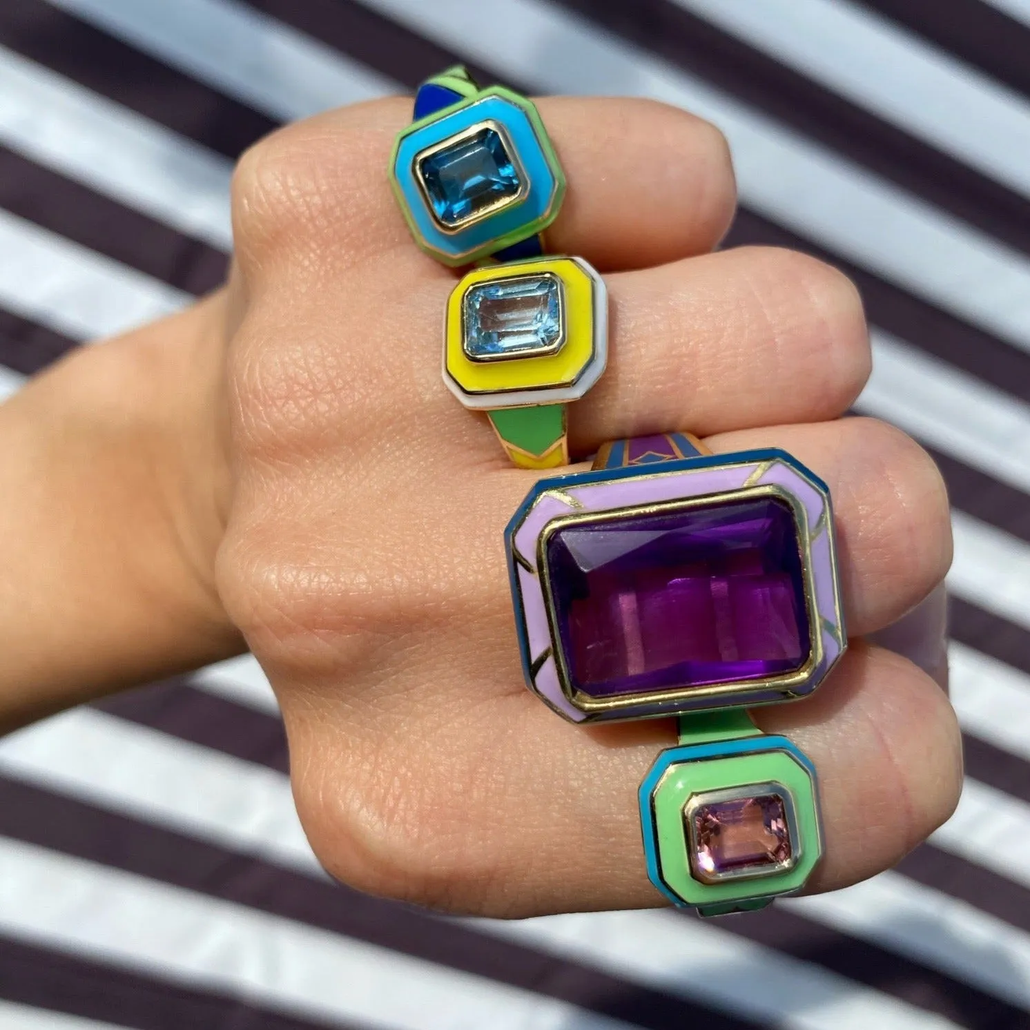 London Blue Topaz Diagonal Enamel Cocktail Ring