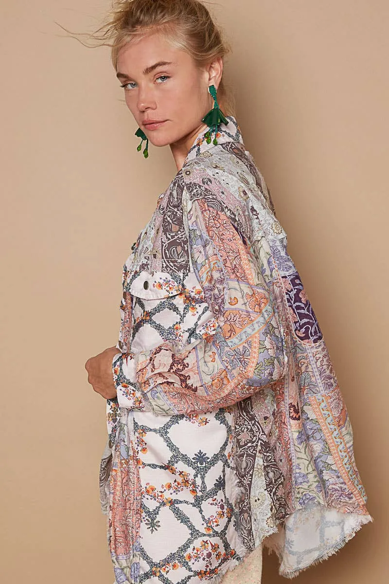Long sleeve roomy fit shirt in printed woven top: Green Multi