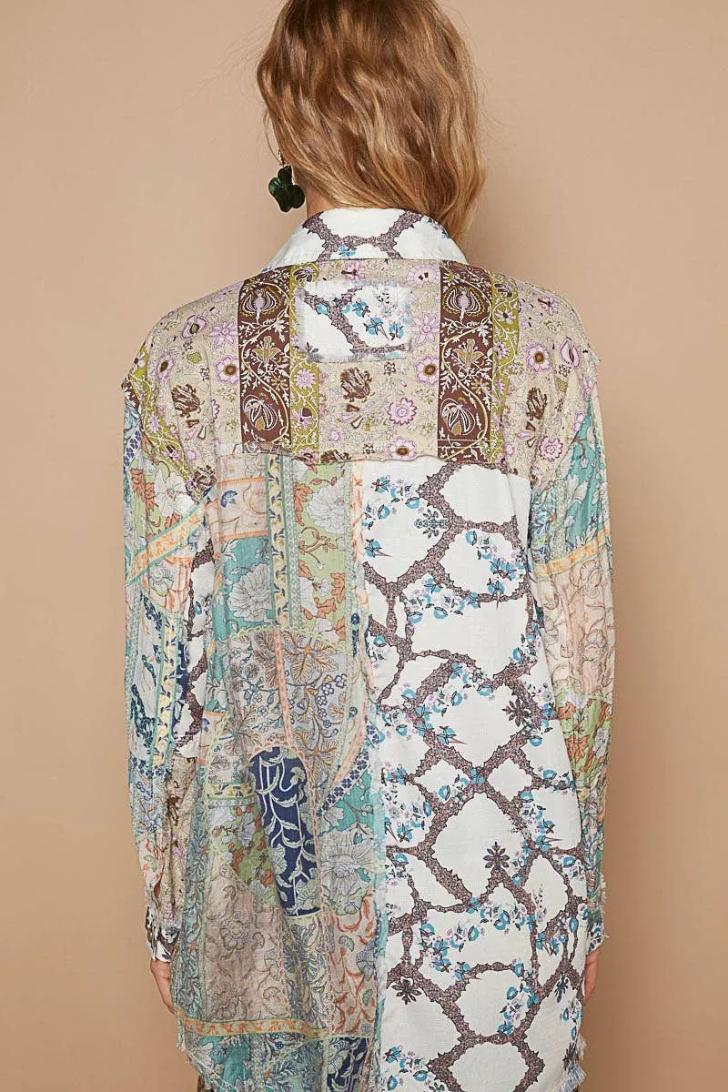 Long sleeve roomy fit shirt in printed woven top: Green Multi