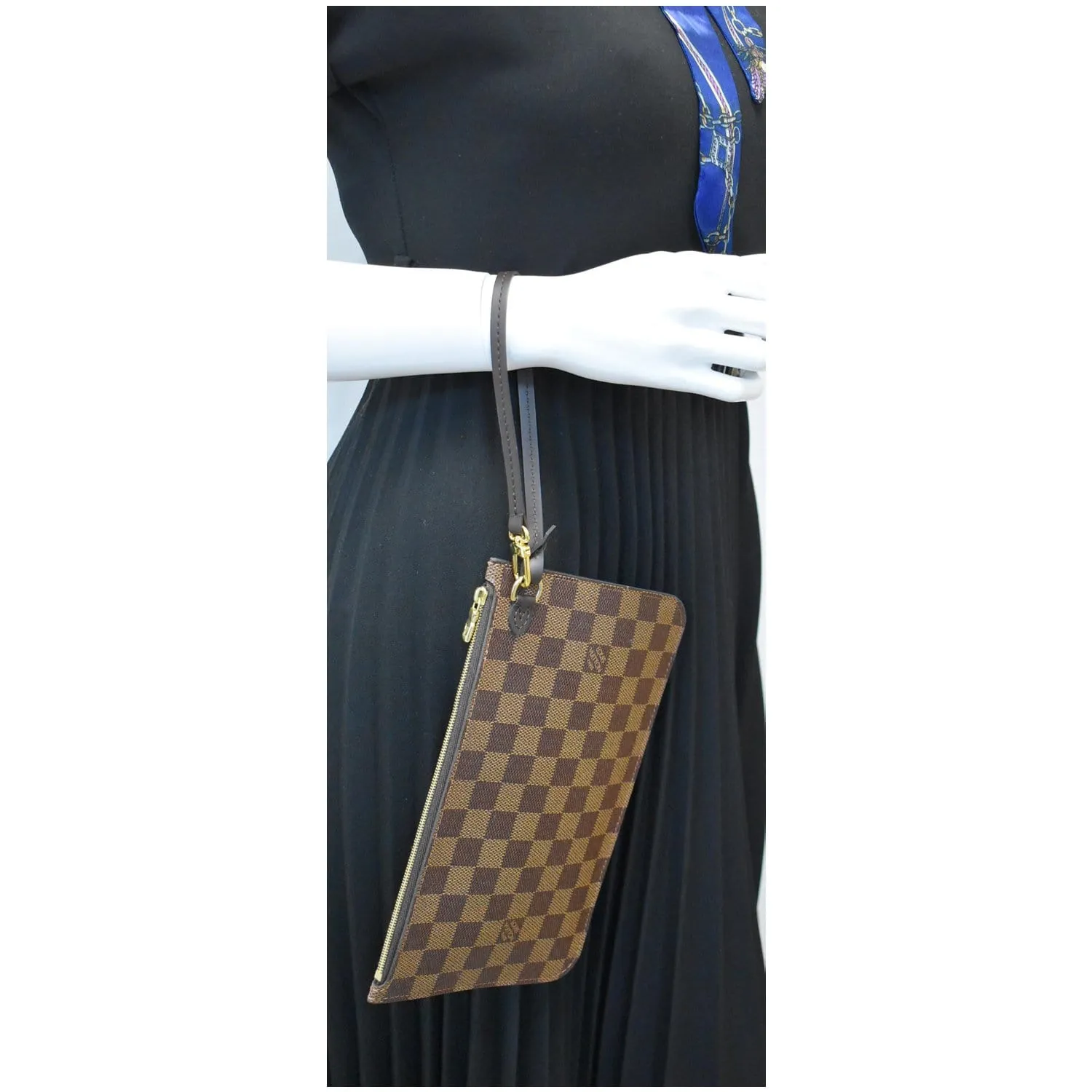 LOUIS VUITTON Neverfull MM Damier Ebene Pochette Wristlet Pouch Brown