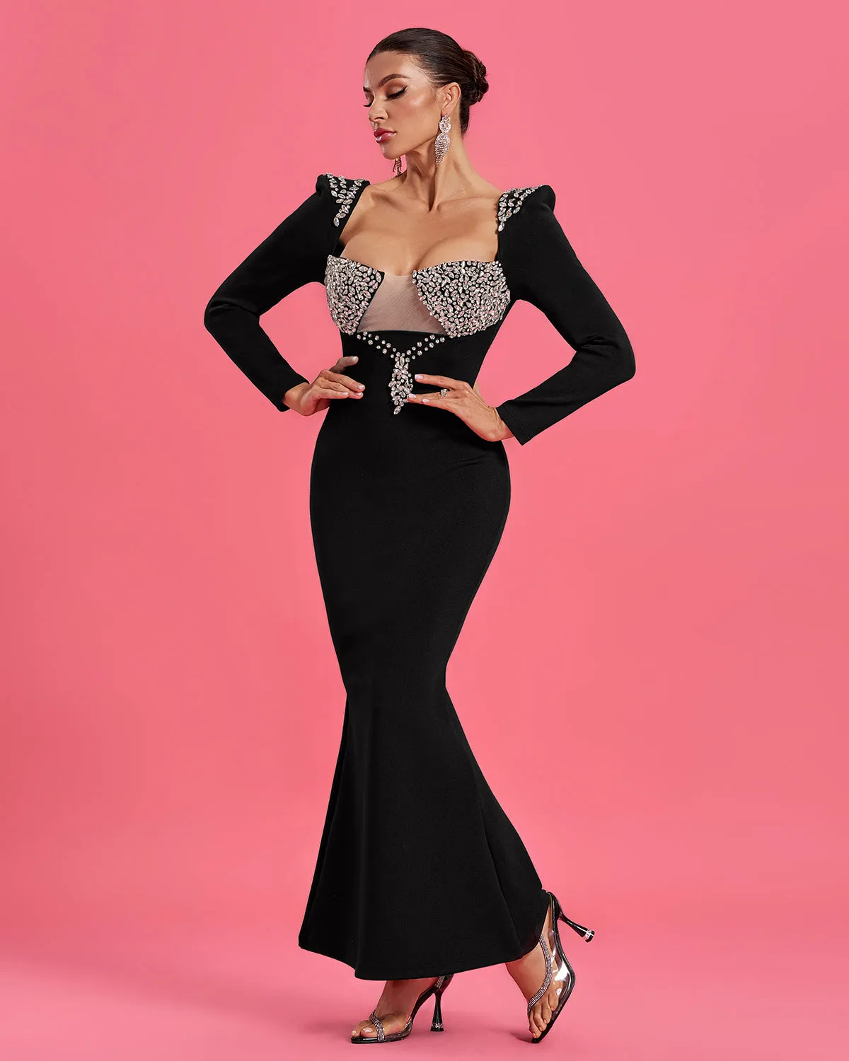 Low-Cut Rhinestone Embellished Mermaid Dress