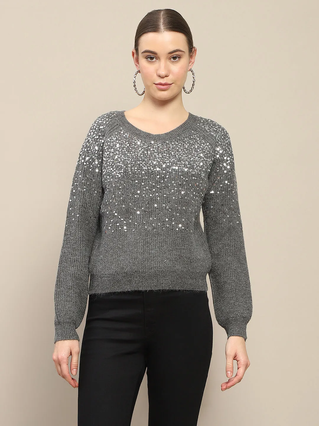 Madame Sequin Adorned Dark Grey Sweater
